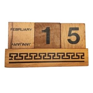 VTG Wood Block Perpetual Calendar Desk From Greece Brown & Black 4.75 x 3.5 x 2